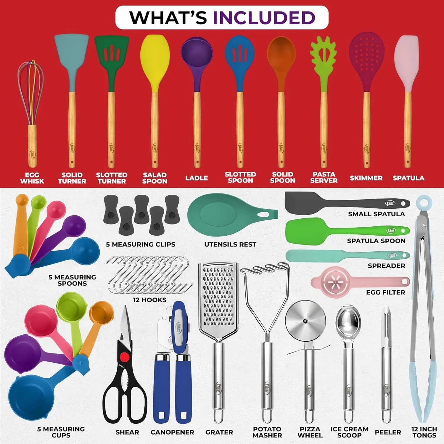 50 Piece Set of Silicone and Stainless Steel Cooking Utensils | Dishwasher Safe and Heat Resistant Kitchen Tools | Colorful Set, College Bundle