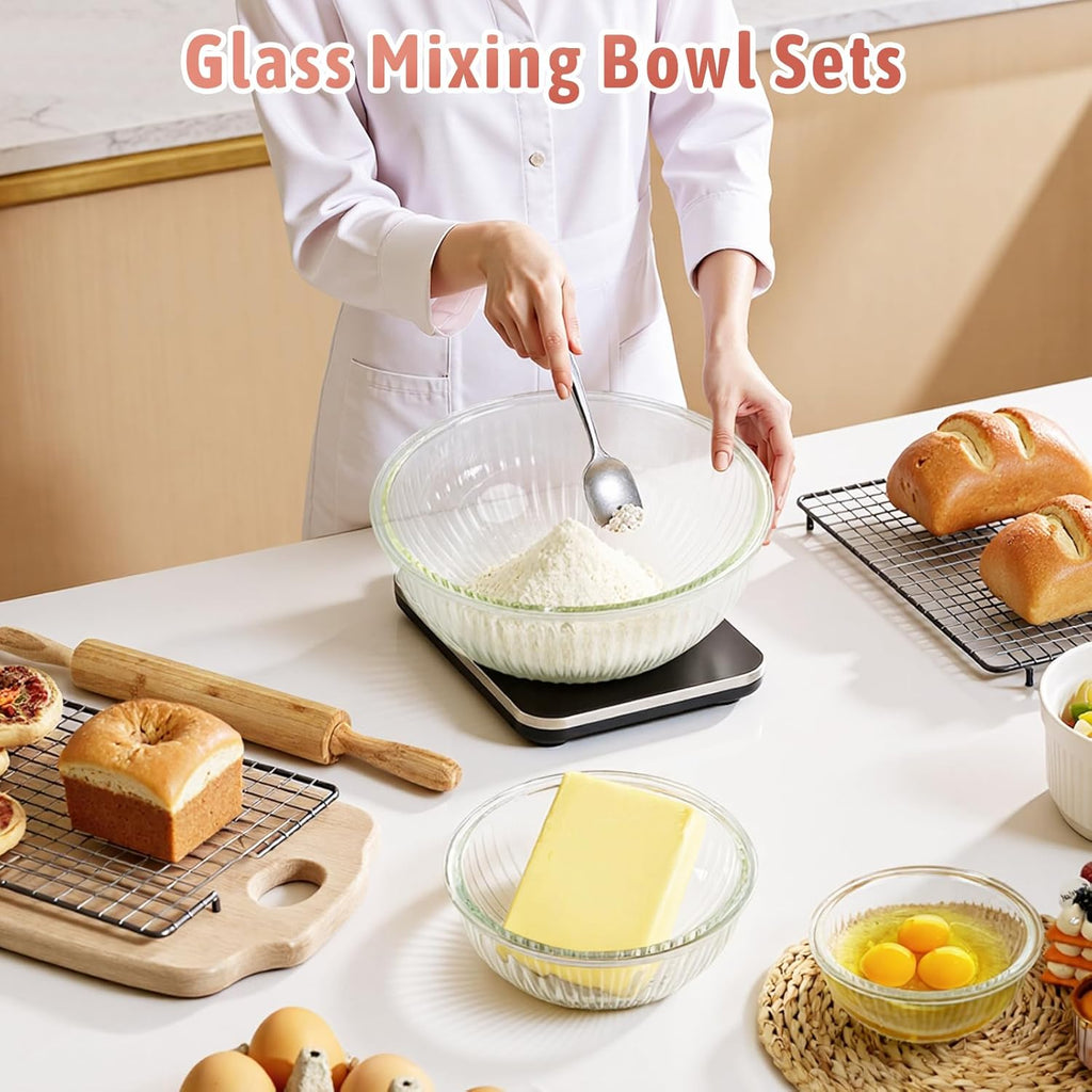Glass Mixing Bowls with Lids 5 PCS Set | Glass Bowls for Kitchen Service, Baking, Meal Prepping and Salad | BPA Free, Microwave, Dishwasher and Oven Safe