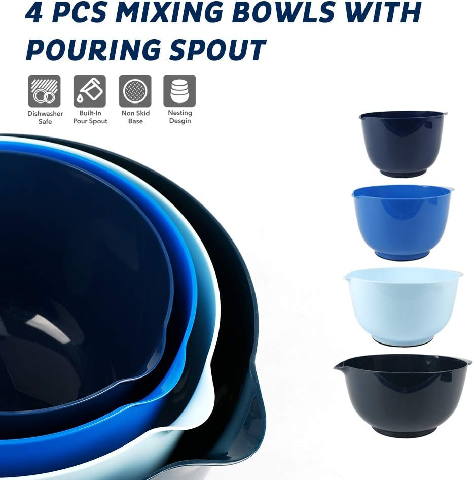 Nesting Plastic Mixing Bowl Set with Pour Spout, Microwave and Dishwasher Safe, BPA Free Non-Slip Base, Set of 4 Size 1.7, 2.5, 3.5 and 4.5Qt, Great for Prepping, Baking, Cooking (Dark Blue)