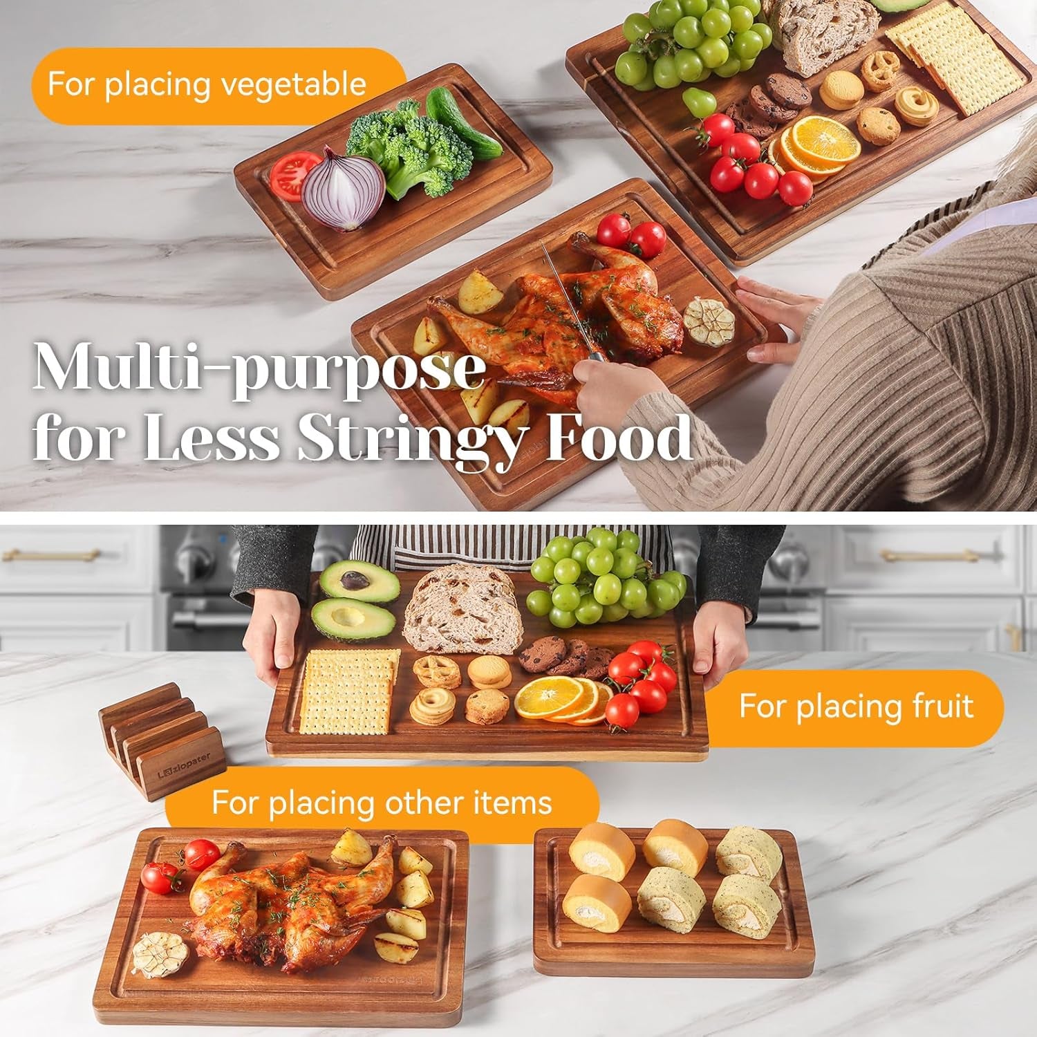 Acacia Wood Cutting Board Set of 3, Solid Wood Cutting Board with Holder, Deep Juice Grooves & Built-In Handles, Durable Wooden Chopping Board Set for Meat, Vegetables, Cheese, Kitchen Prep