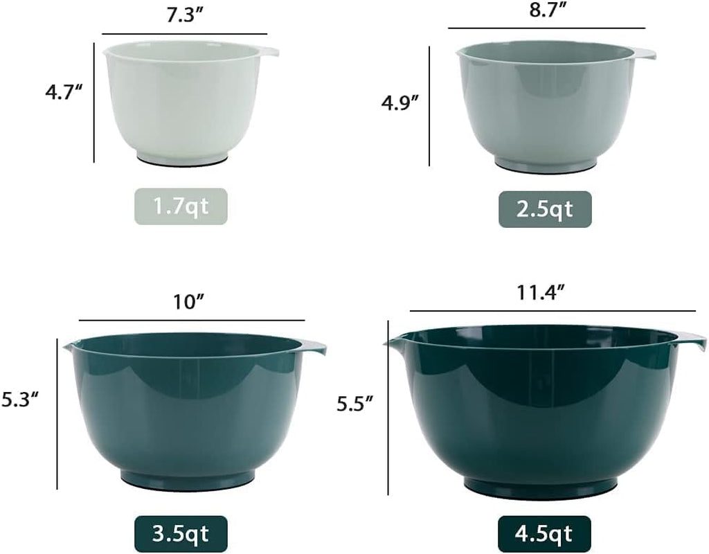 Green Ombre Nesting Plastic Mixing Bowl Set with Pour Spout, Microwave and Dishwasher Safe, BPA Free Non-Slip Base, Set of 4 Size 1.7, 2.5, 3.5 and 4.5Qt, Great for Prepping, Baking, Cooking