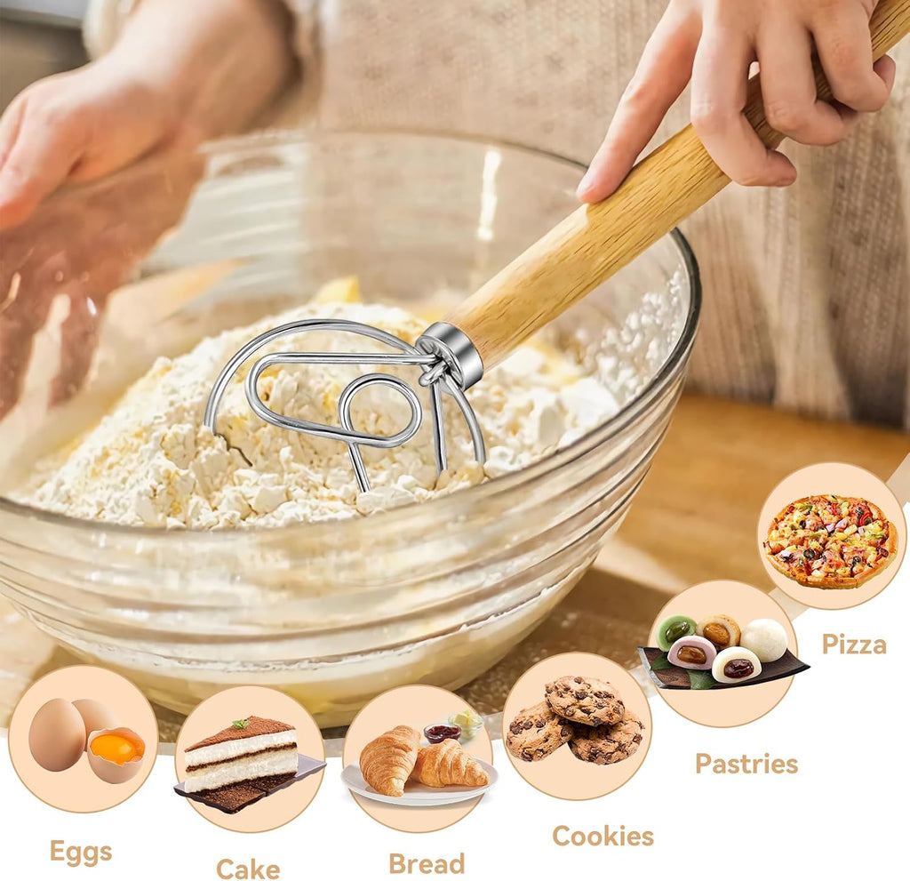 Danish Dough Whisk - Stainless Steel Whisk with Wooden Handle