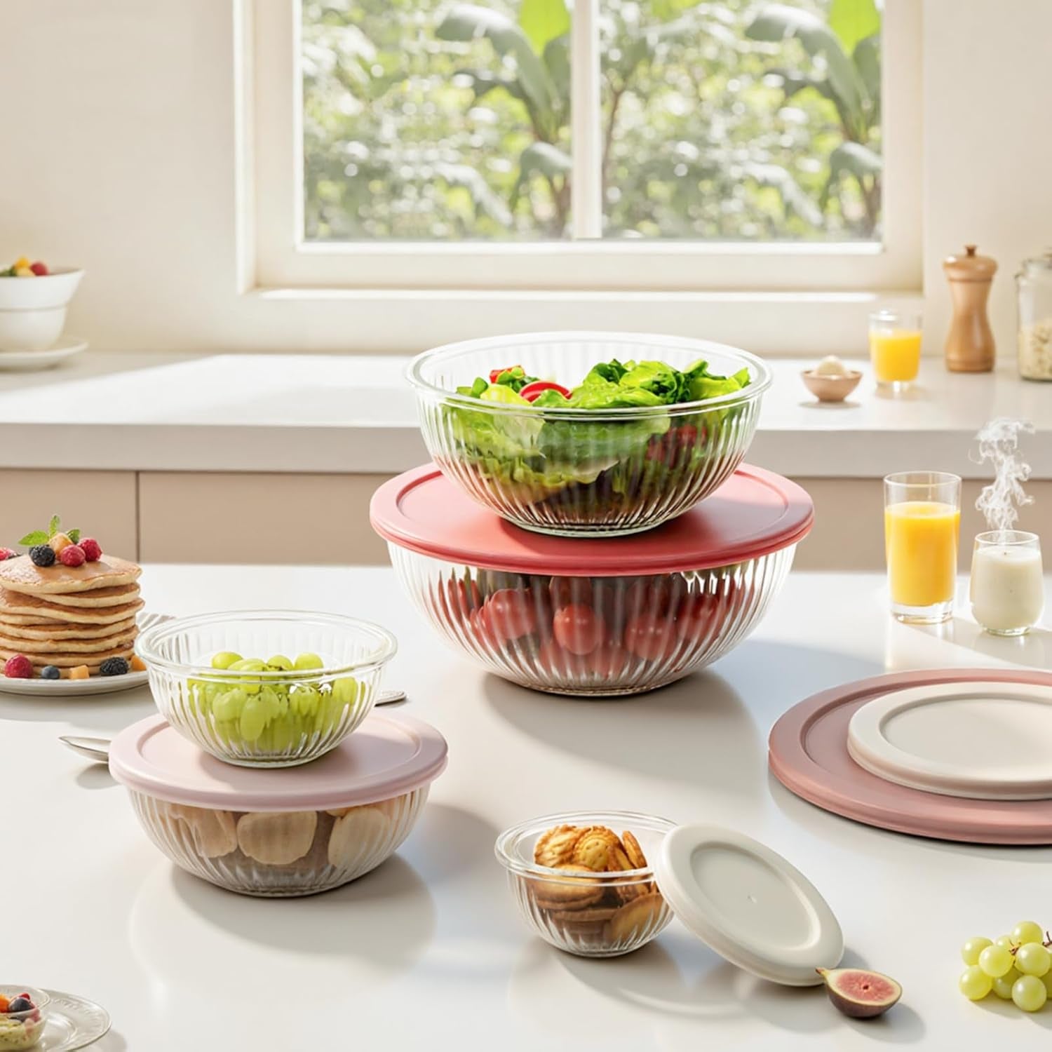 Glass Mixing Bowls with Lids 5 PCS Set | Glass Bowls for Kitchen Service, Baking, Meal Prepping and Salad | BPA Free, Microwave, Dishwasher and Oven Safe