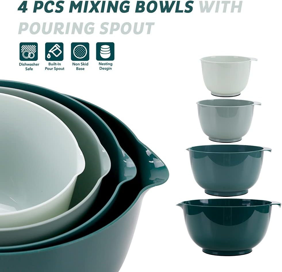 Green Ombre Nesting Plastic Mixing Bowl Set with Pour Spout, Microwave and Dishwasher Safe, BPA Free Non-Slip Base, Set of 4 Size 1.7, 2.5, 3.5 and 4.5Qt, Great for Prepping, Baking, Cooking