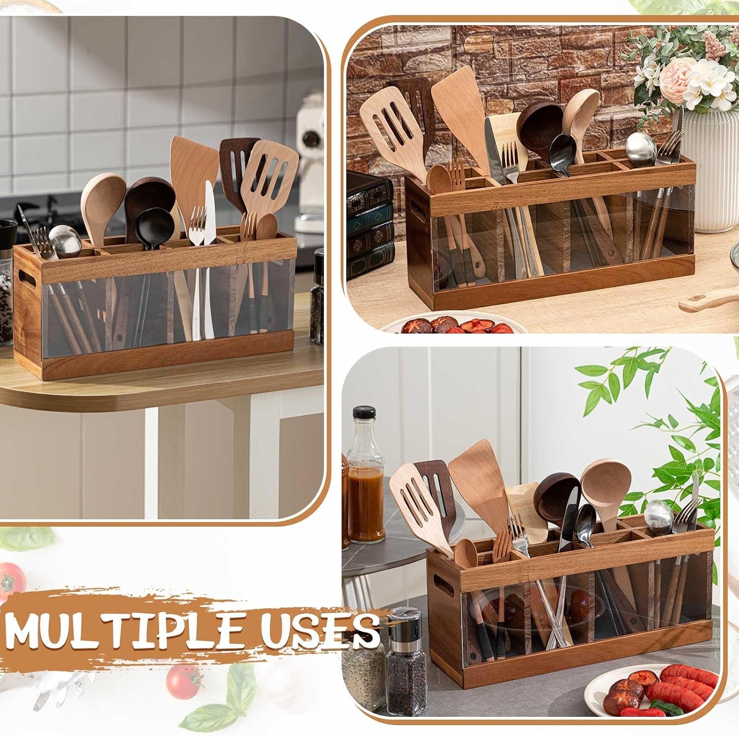 8 Compartments Large Kitchen Utensil Holder | Organizer for Counter | Extra Large Acacia Rustic Wood Utensil Holder for Storage Cooking and Silverware