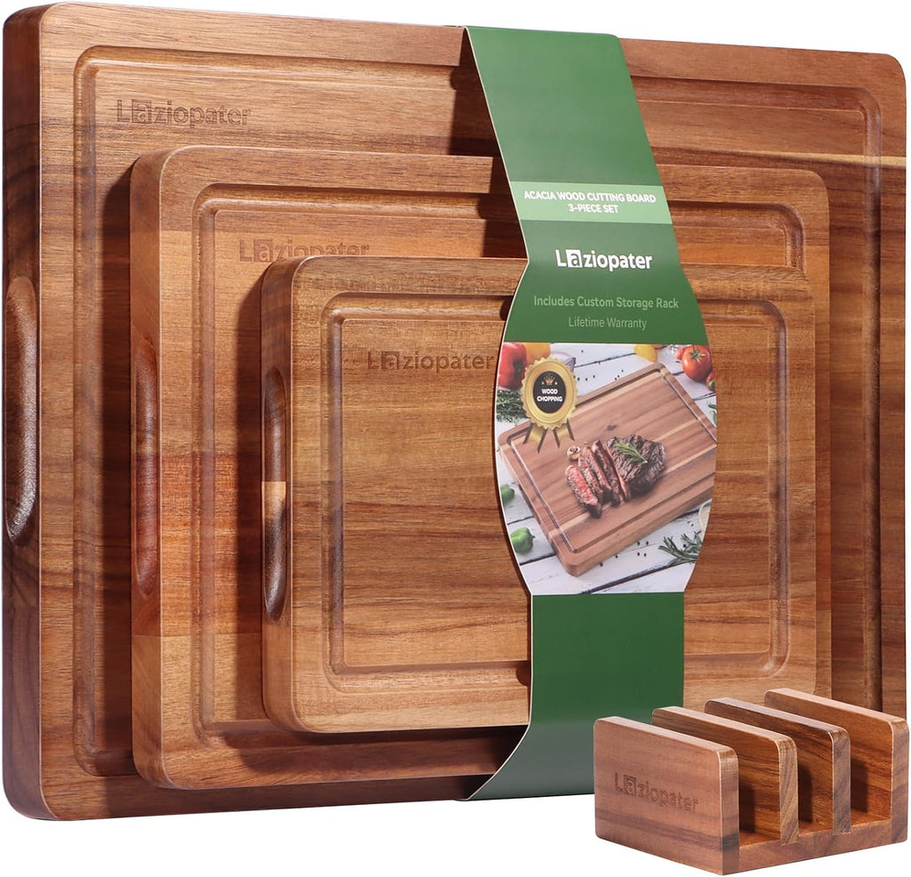 Acacia Wood Cutting Board Set of 3, Solid Wood Cutting Board with Holder, Deep Juice Grooves & Built-In Handles, Durable Wooden Chopping Board Set for Meat, Vegetables, Cheese, Kitchen Prep