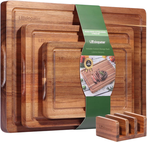 Acacia Wood Cutting Board Set of 3, Solid Wood Cutting Board with Holder, Deep Juice Grooves & Built-In Handles, Durable Wooden Chopping Board Set for Meat, Vegetables, Cheese, Kitchen Prep