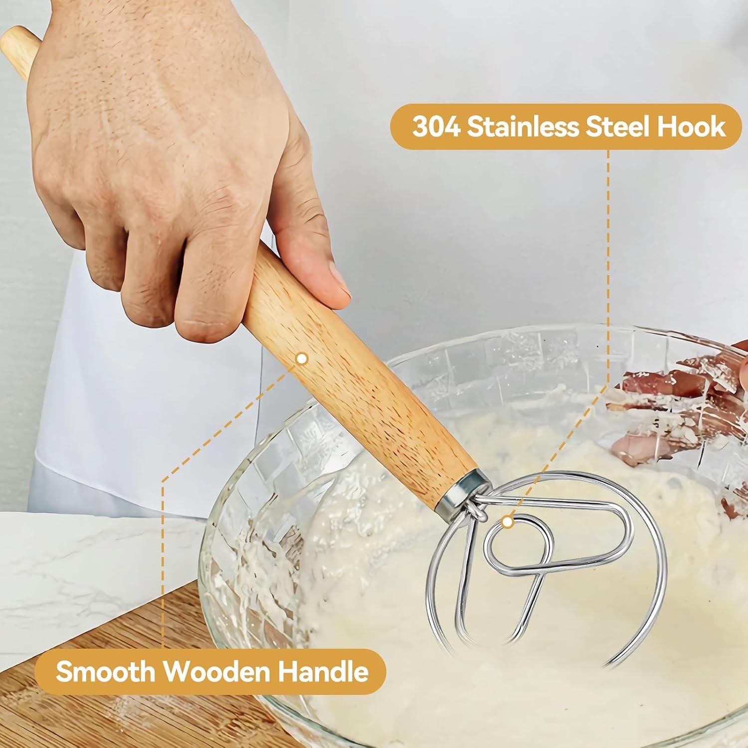 Danish Dough Whisk - Stainless Steel Whisk with Wooden Handle