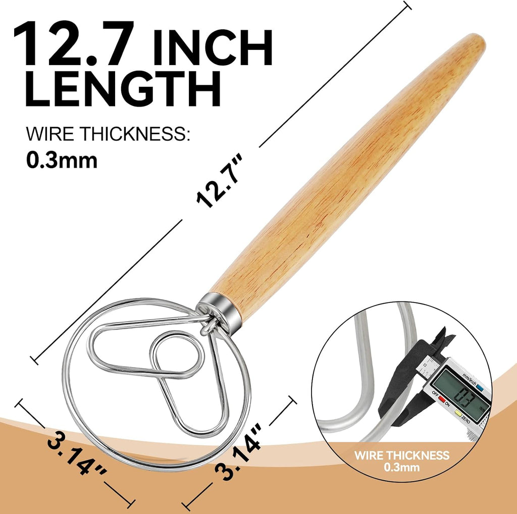 Danish Dough Whisk - Stainless Steel Whisk with Wooden Handle