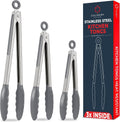 Kitchen Tongs with Silicone Tips Set of 3 Heat Resistant Tongs for Serving Food, 7-Inch, 9-Inch, 12-Inch Locking Silicone Tongs for Cooking, Salad Tong, Grey Kitchen Utensils