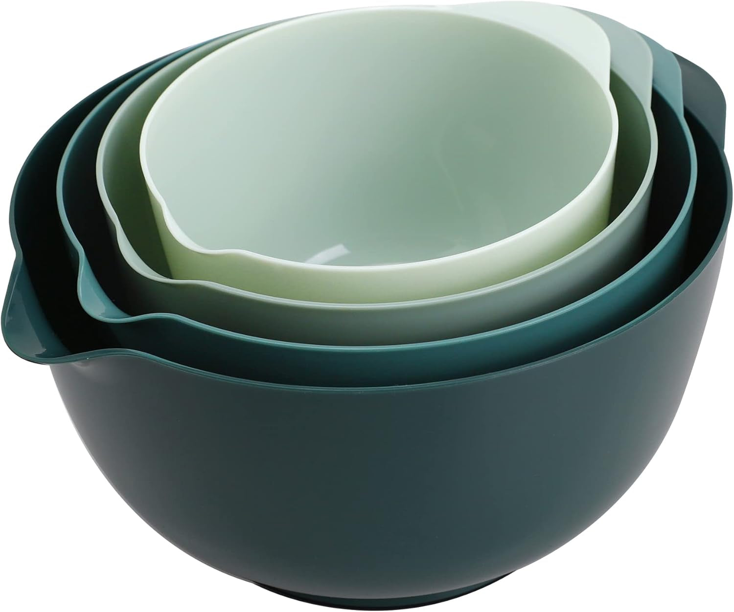 Green Ombre Nesting Plastic Mixing Bowl Set with Pour Spout, Microwave and Dishwasher Safe, BPA Free Non-Slip Base, Set of 4 Size 1.7, 2.5, 3.5 and 4.5Qt, Great for Prepping, Baking, Cooking