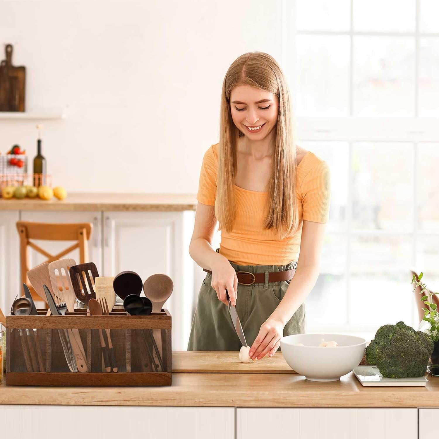 8 Compartments Large Kitchen Utensil Holder | Organizer for Counter | Extra Large Acacia Rustic Wood Utensil Holder for Storage Cooking and Silverware