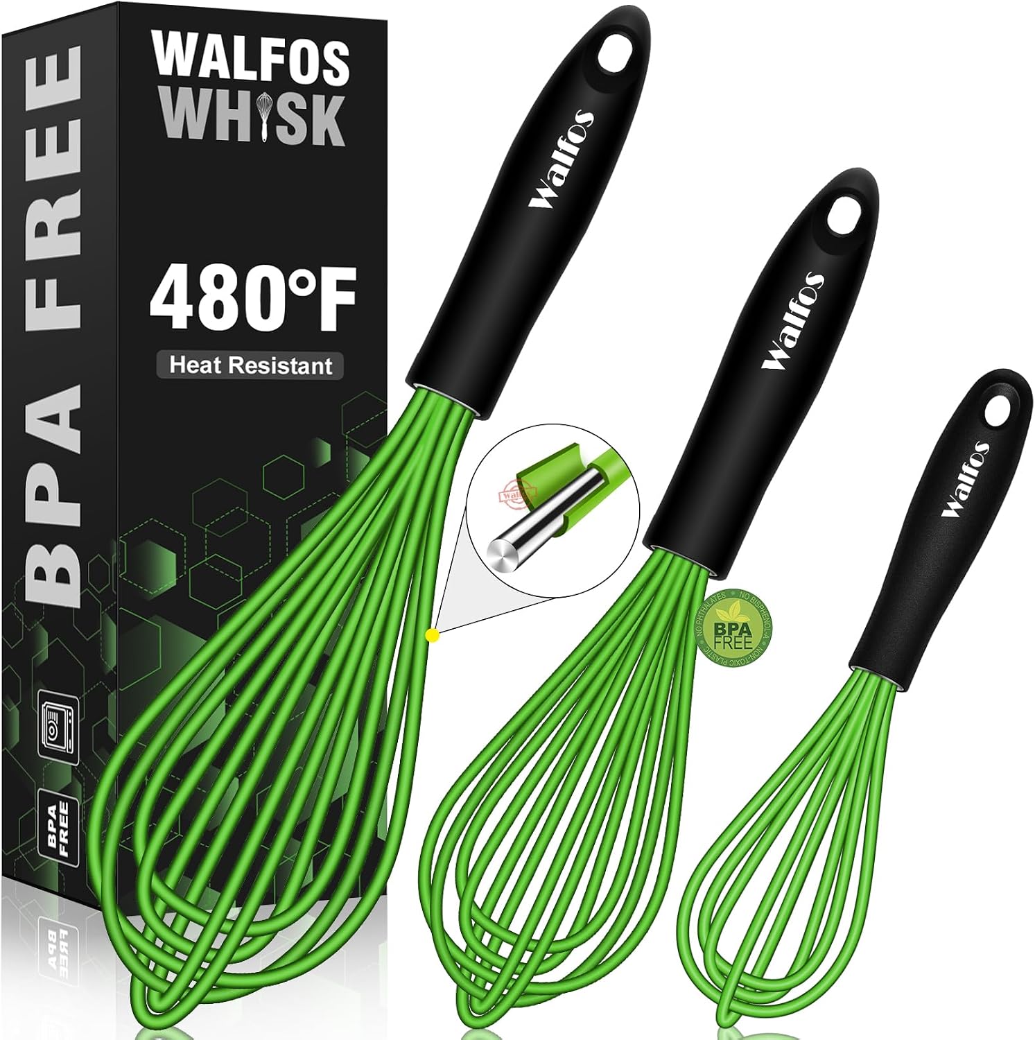 Whisk, Silicone Whisks for Cooking & Baking Non Scratch Rubber Coated Pink Whisk for Non-Stick Wisk, Perfect for Frothing, Blending, Beating and Whisking (3Pack Pink)