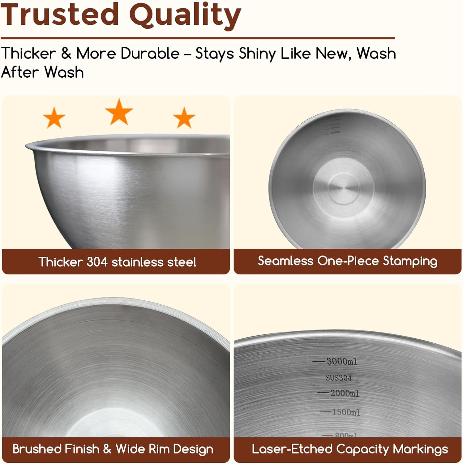 Stainless Steel Mixing Bowls Set - 3-Piece (1.5, 2.2 & 3.4 Qt) | Food-Grade Metal | Dishwasher Safe | Stackable Nesting & Space-Saving