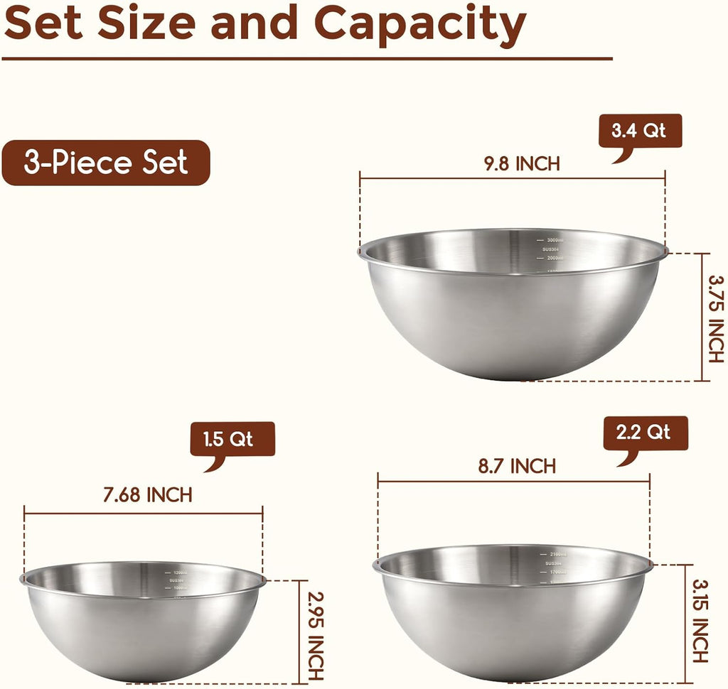 Stainless Steel Mixing Bowls Set - 3-Piece (1.5, 2.2 & 3.4 Qt) | Food-Grade Metal | Dishwasher Safe | Stackable Nesting & Space-Saving