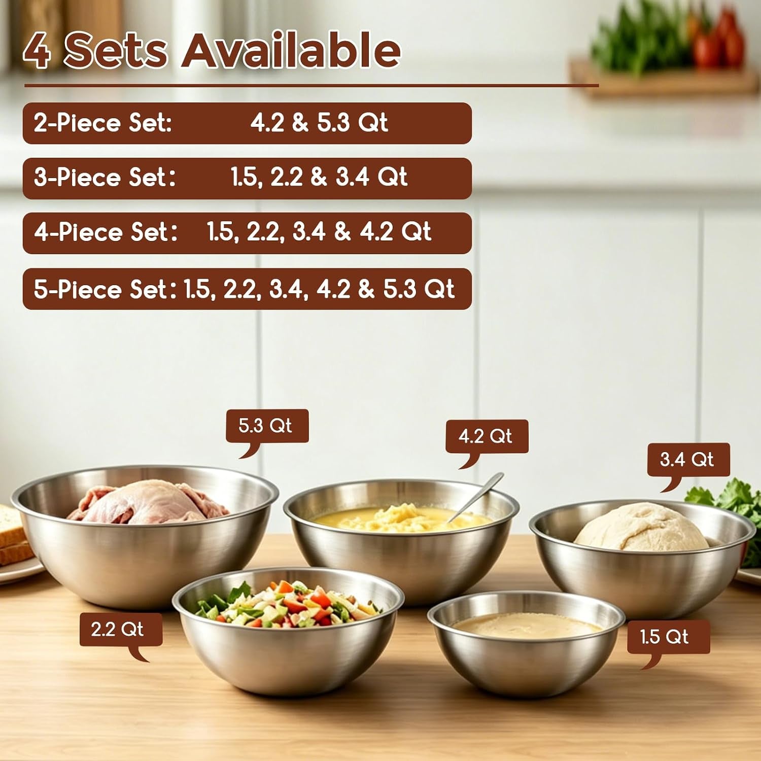 Stainless Steel Mixing Bowls Set - 3-Piece (1.5, 2.2 & 3.4 Qt) | Food-Grade Metal | Dishwasher Safe | Stackable Nesting & Space-Saving