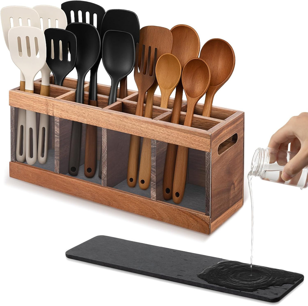 8 Compartments Large Kitchen Utensil Holder | Organizer for Counter | Extra Large Acacia Rustic Wood Utensil Holder for Storage Cooking and Silverware