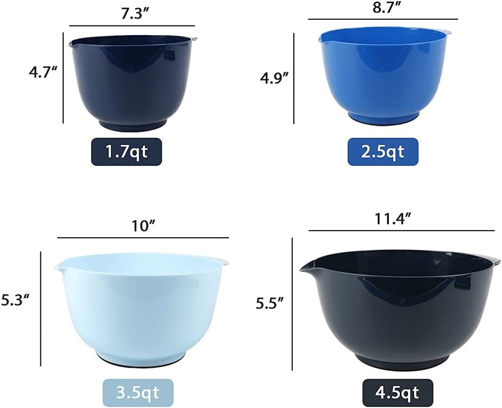 Nesting Plastic Mixing Bowl Set with Pour Spout, Microwave and Dishwasher Safe, BPA Free Non-Slip Base, Set of 4 Size 1.7, 2.5, 3.5 and 4.5Qt, Great for Prepping, Baking, Cooking (Dark Blue)