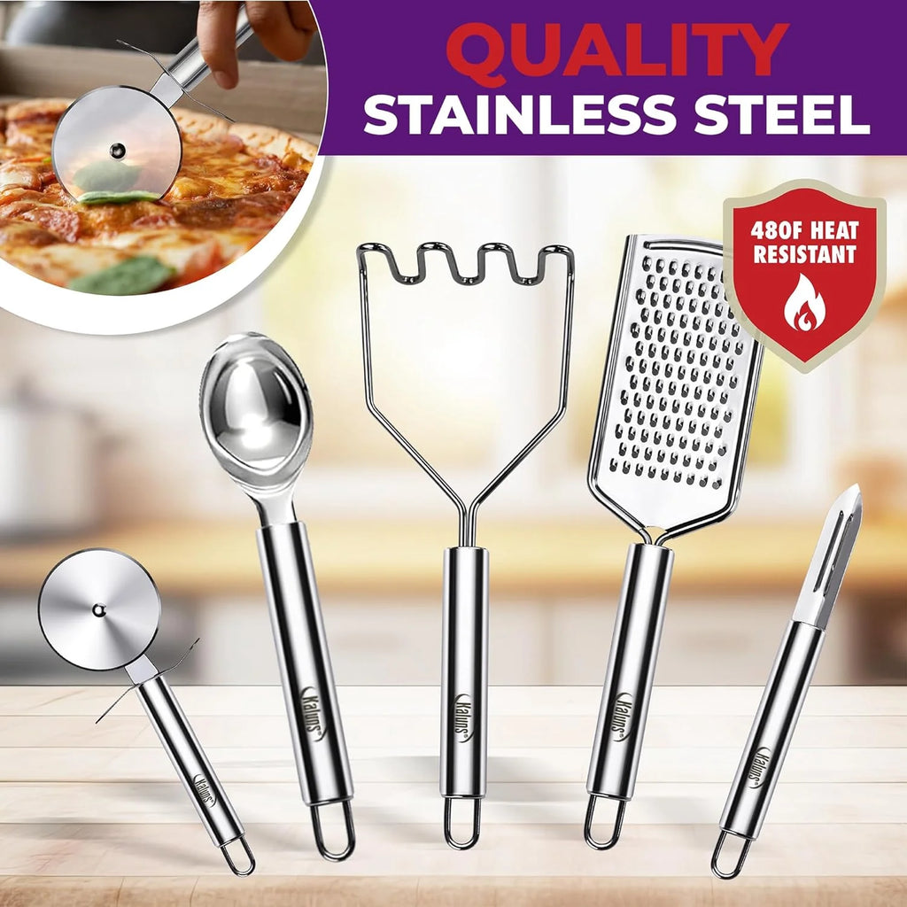 50 Piece Set of Silicone and Stainless Steel Cooking Utensils | Dishwasher Safe and Heat Resistant Kitchen Tools | Colorful Set, College Bundle