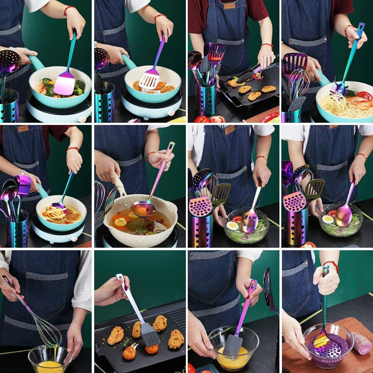 Rainbow Kitchen Utensils Set | 13 Pieces Stainless Steel Cooking Utensils Set with Titanium Rainbow Plating |  Non-Stick Kitchen Tools Set Cookware Dishwasher Safe (13 Packs)