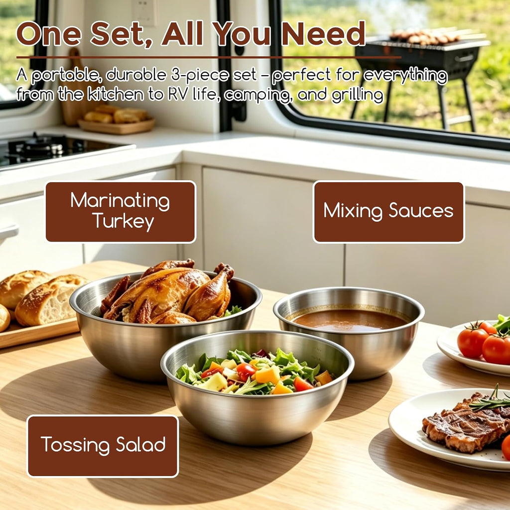 Stainless Steel Mixing Bowls Set - 3-Piece (1.5, 2.2 & 3.4 Qt) | Food-Grade Metal | Dishwasher Safe | Stackable Nesting & Space-Saving