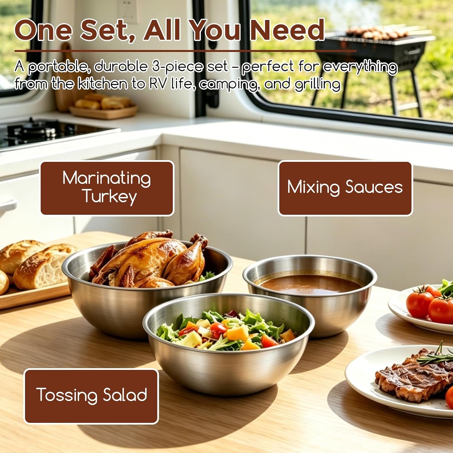 Stainless Steel Mixing Bowls Set - 3-Piece (1.5, 2.2 & 3.4 Qt) | Food-Grade Metal | Dishwasher Safe | Stackable Nesting & Space-Saving