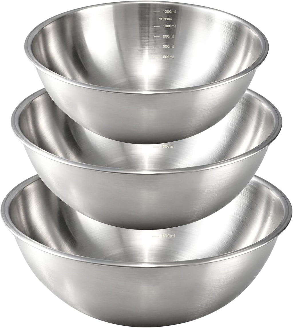 Stainless Steel Mixing Bowls Set - 3-Piece (1.5, 2.2 & 3.4 Qt) | Food-Grade Metal | Dishwasher Safe | Stackable Nesting & Space-Saving
