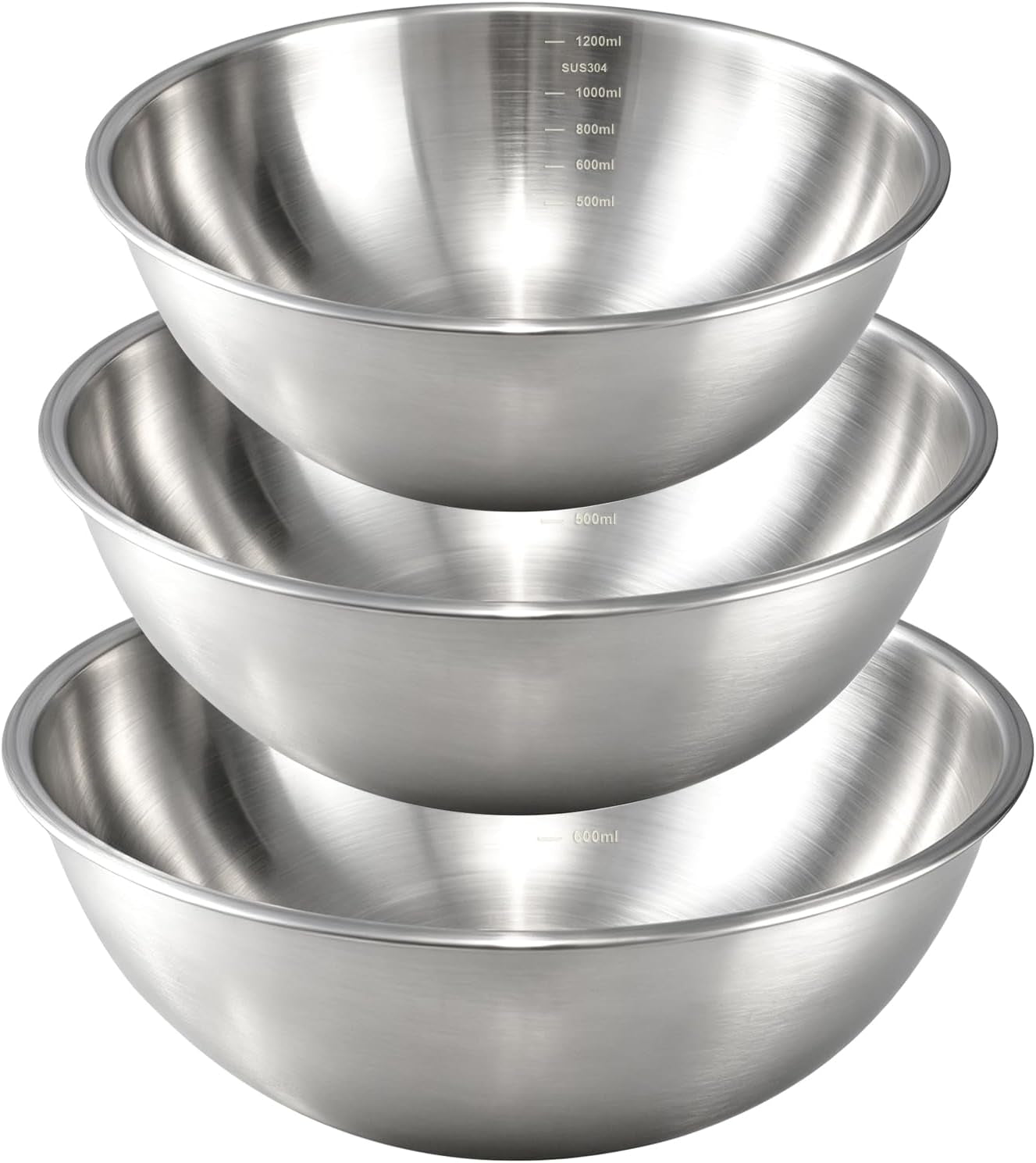 Stainless Steel Mixing Bowls Set - 3-Piece (1.5, 2.2 & 3.4 Qt) | Food-Grade Metal | Dishwasher Safe | Stackable Nesting & Space-Saving