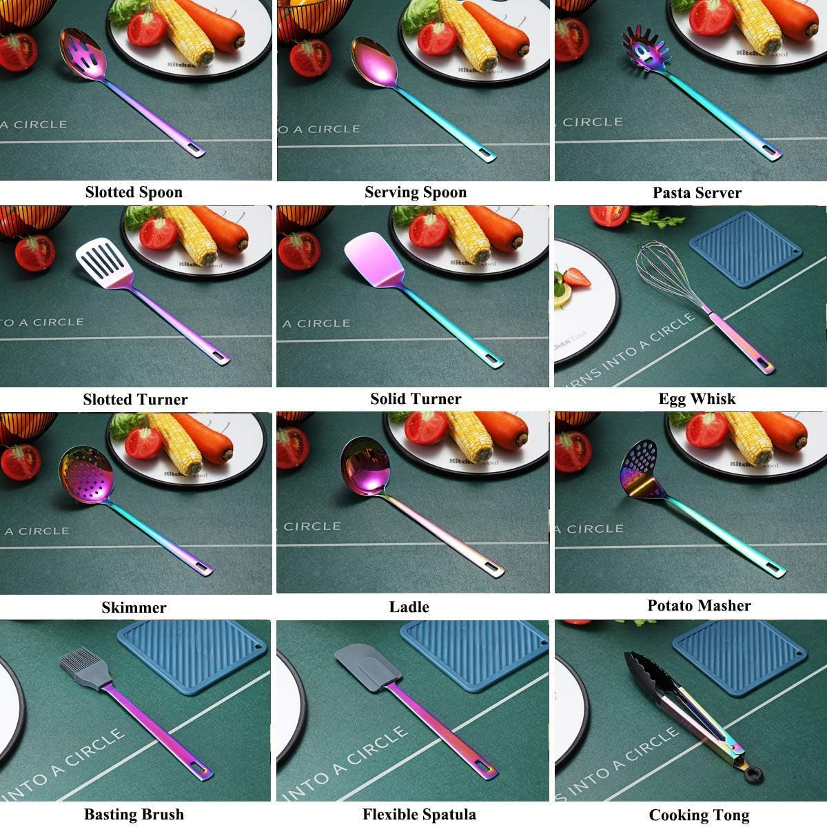 Rainbow Kitchen Utensils Set | 13 Pieces Stainless Steel Cooking Utensils Set with Titanium Rainbow Plating |  Non-Stick Kitchen Tools Set Cookware Dishwasher Safe (13 Packs)
