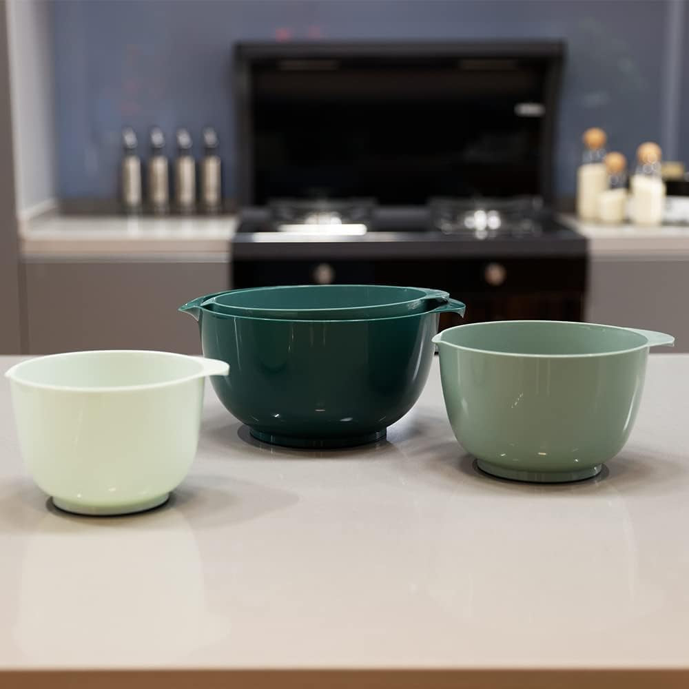 Green Ombre Nesting Plastic Mixing Bowl Set with Pour Spout, Microwave and Dishwasher Safe, BPA Free Non-Slip Base, Set of 4 Size 1.7, 2.5, 3.5 and 4.5Qt, Great for Prepping, Baking, Cooking