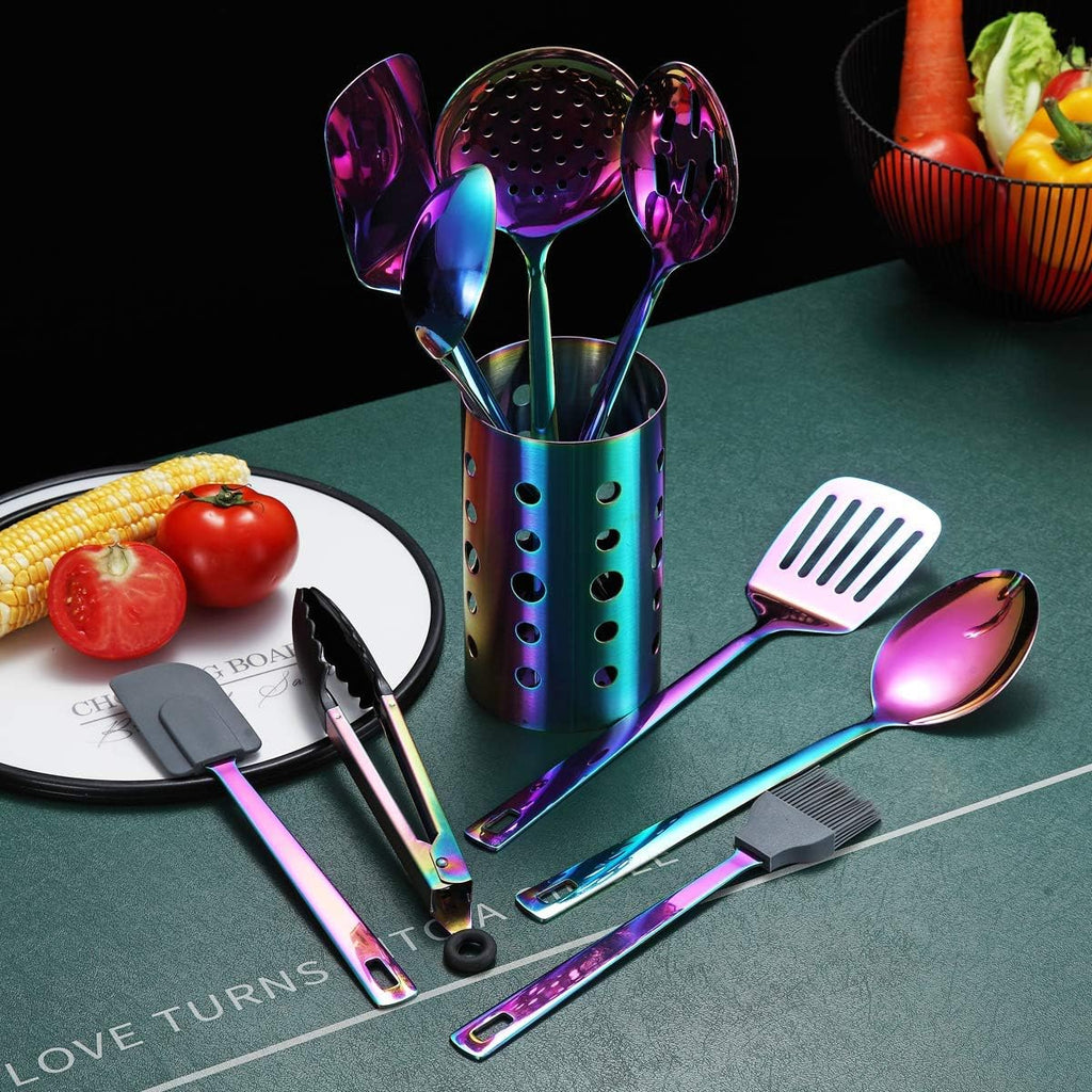 Rainbow Kitchen Utensils Set | 13 Pieces Stainless Steel Cooking Utensils Set with Titanium Rainbow Plating |  Non-Stick Kitchen Tools Set Cookware Dishwasher Safe (13 Packs)