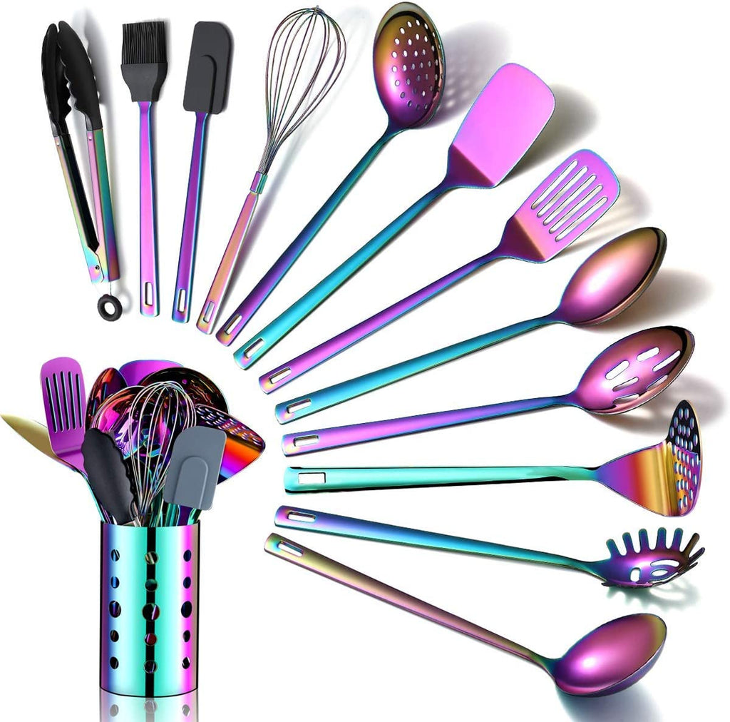 Rainbow Kitchen Utensils Set | 13 Pieces Stainless Steel Cooking Utensils Set with Titanium Rainbow Plating |  Non-Stick Kitchen Tools Set Cookware Dishwasher Safe (13 Packs)