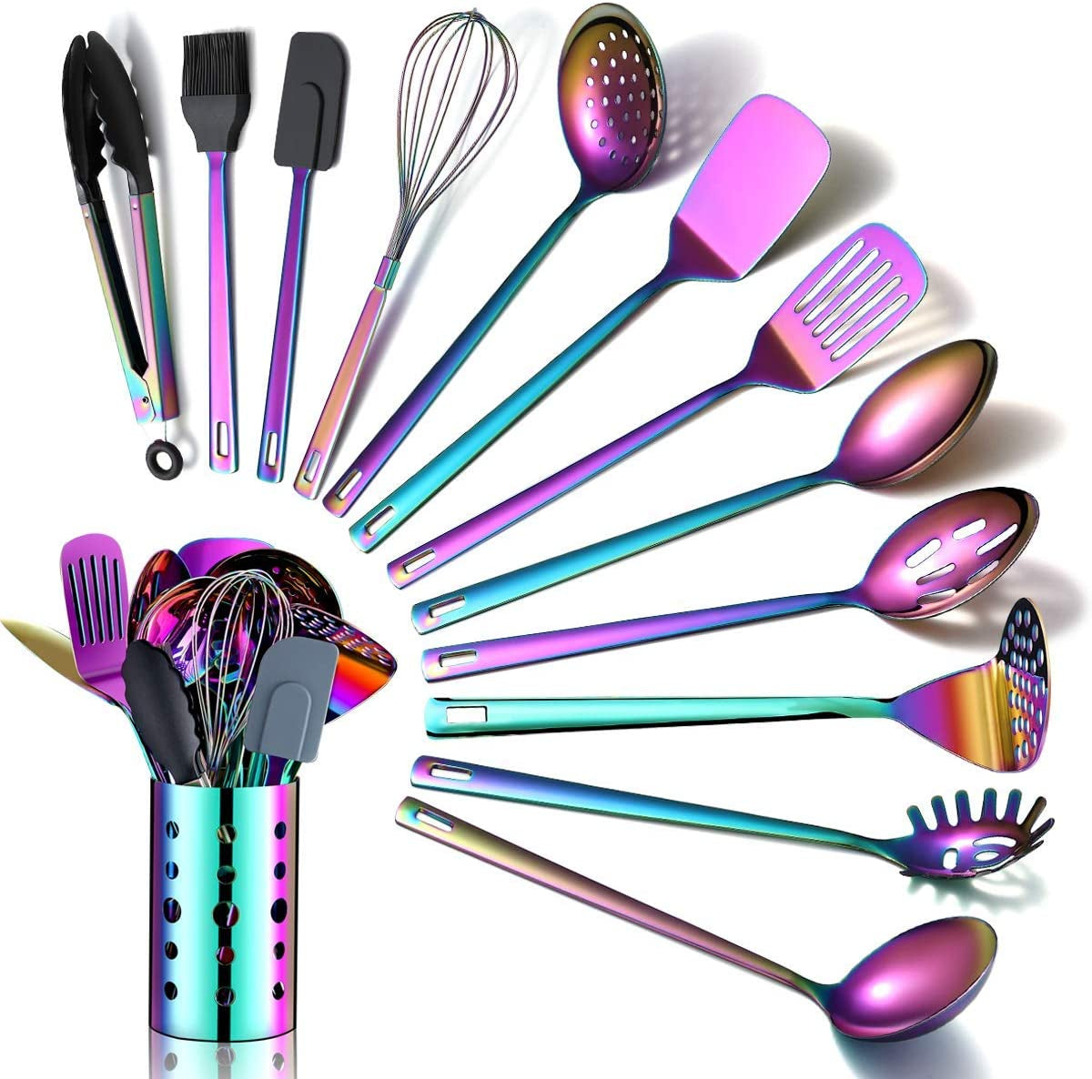 Rainbow Kitchen Utensils Set | 13 Pieces Stainless Steel Cooking Utensils Set with Titanium Rainbow Plating |  Non-Stick Kitchen Tools Set Cookware Dishwasher Safe (13 Packs)
