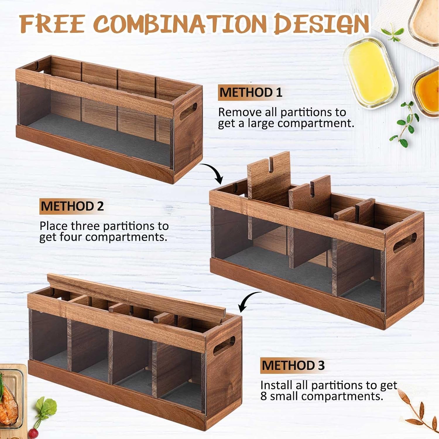 8 Compartments Large Kitchen Utensil Holder | Organizer for Counter | Extra Large Acacia Rustic Wood Utensil Holder for Storage Cooking and Silverware