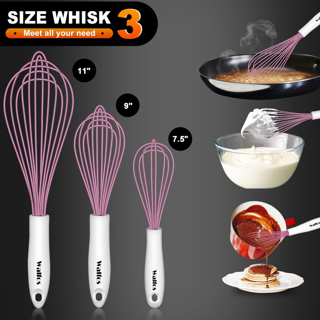 Whisk, Silicone Whisks for Cooking & Baking Non Scratch Rubber Coated Pink Whisk for Non-Stick Wisk, Perfect for Frothing, Blending, Beating and Whisking (3Pack Pink)