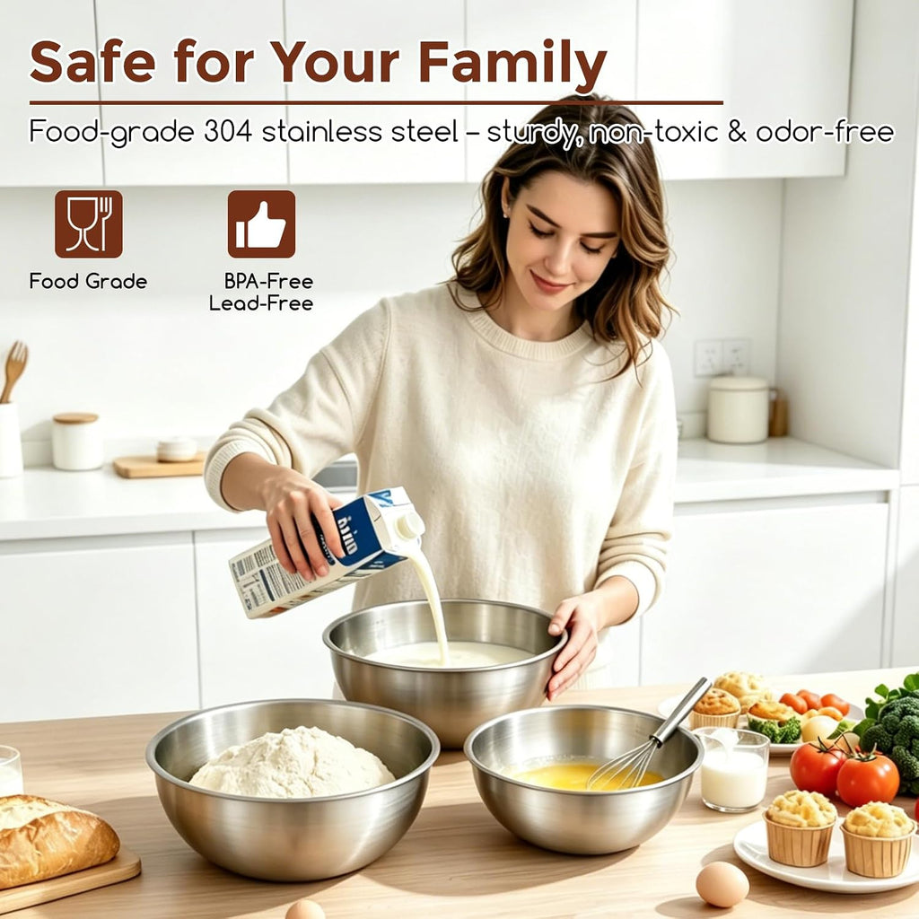 Stainless Steel Mixing Bowls Set - 3-Piece (1.5, 2.2 & 3.4 Qt) | Food-Grade Metal | Dishwasher Safe | Stackable Nesting & Space-Saving