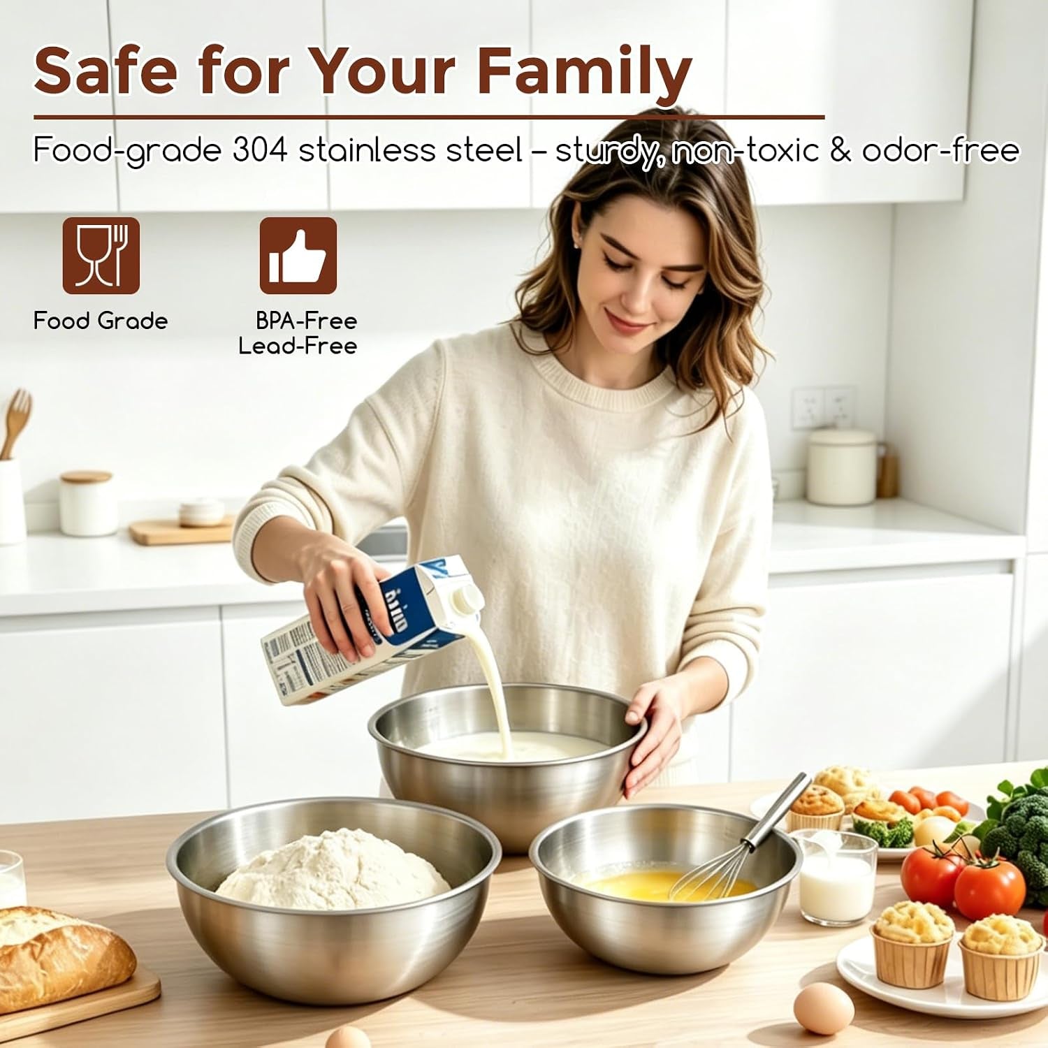 Stainless Steel Mixing Bowls Set - 3-Piece (1.5, 2.2 & 3.4 Qt) | Food-Grade Metal | Dishwasher Safe | Stackable Nesting & Space-Saving