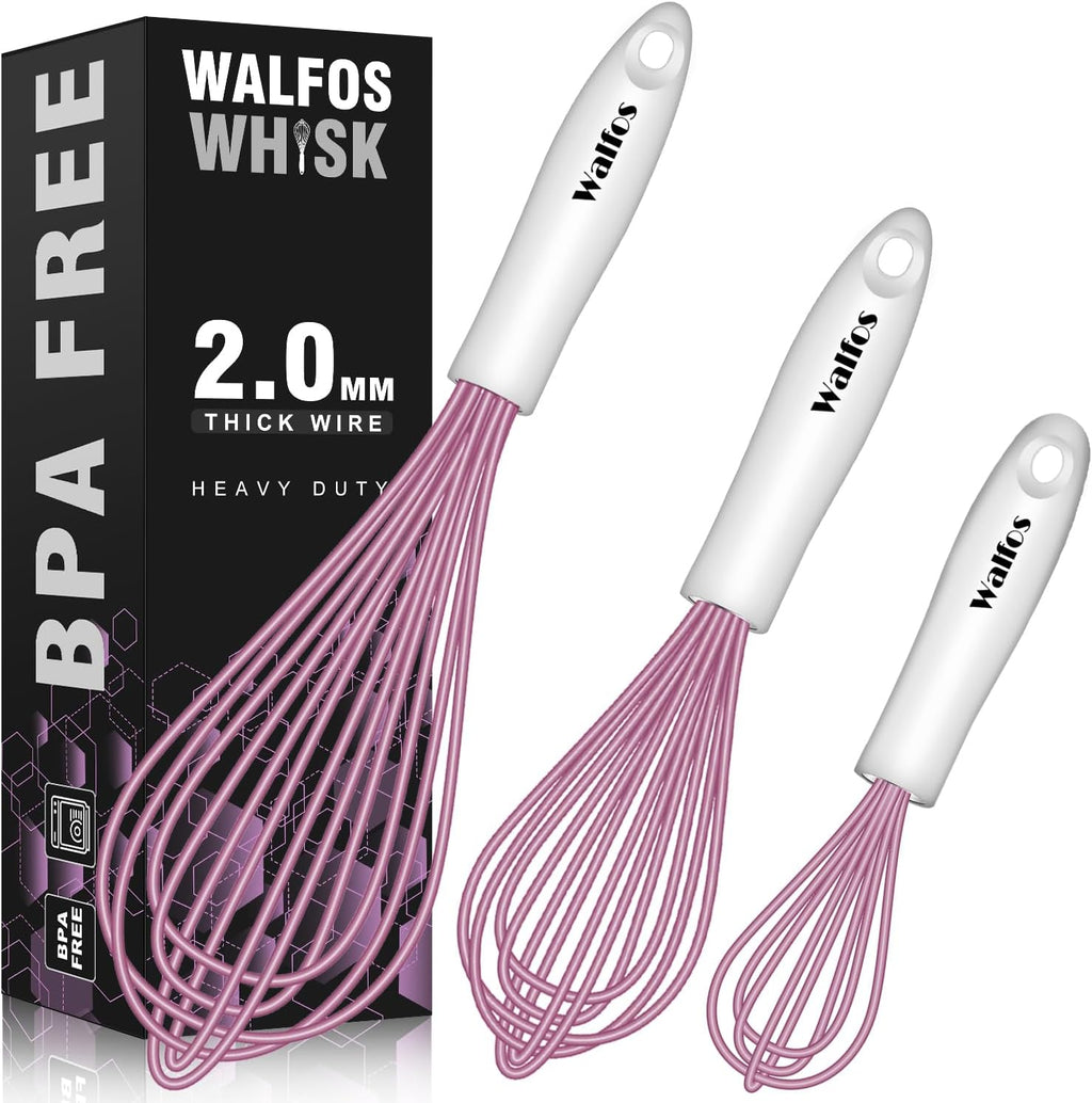Whisk, Silicone Whisks for Cooking & Baking Non Scratch Rubber Coated Pink Whisk for Non-Stick Wisk, Perfect for Frothing, Blending, Beating and Whisking (3Pack Pink)