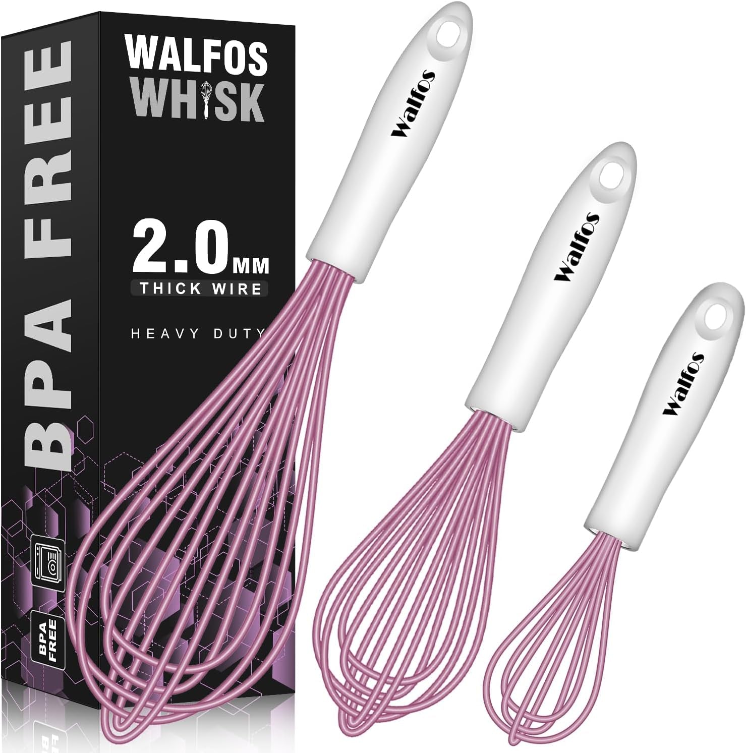 Whisk, Silicone Whisks for Cooking & Baking Non Scratch Rubber Coated Pink Whisk for Non-Stick Wisk, Perfect for Frothing, Blending, Beating and Whisking (3Pack Pink)