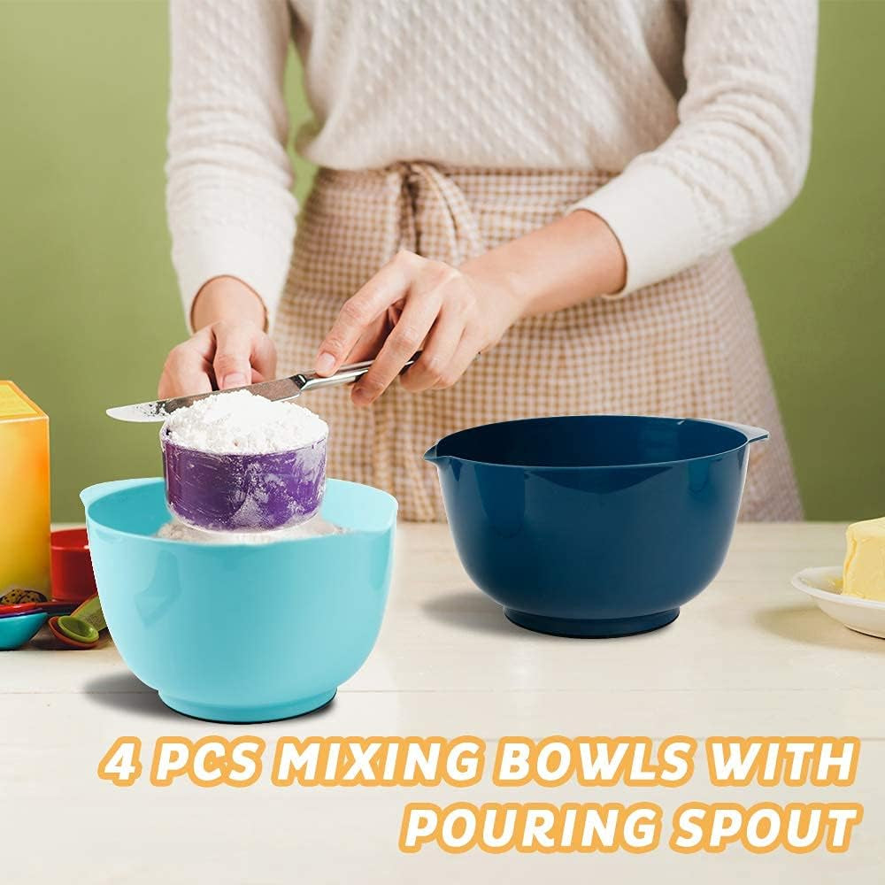 Nesting Plastic Mixing Bowl Set with Pour Spout, Microwave and Dishwasher Safe, BPA Free Non-Slip Base, Set of 4 Size 1.7, 2.5, 3.5 and 4.5Qt, Great for Prepping, Baking, Cooking (Dark Blue)