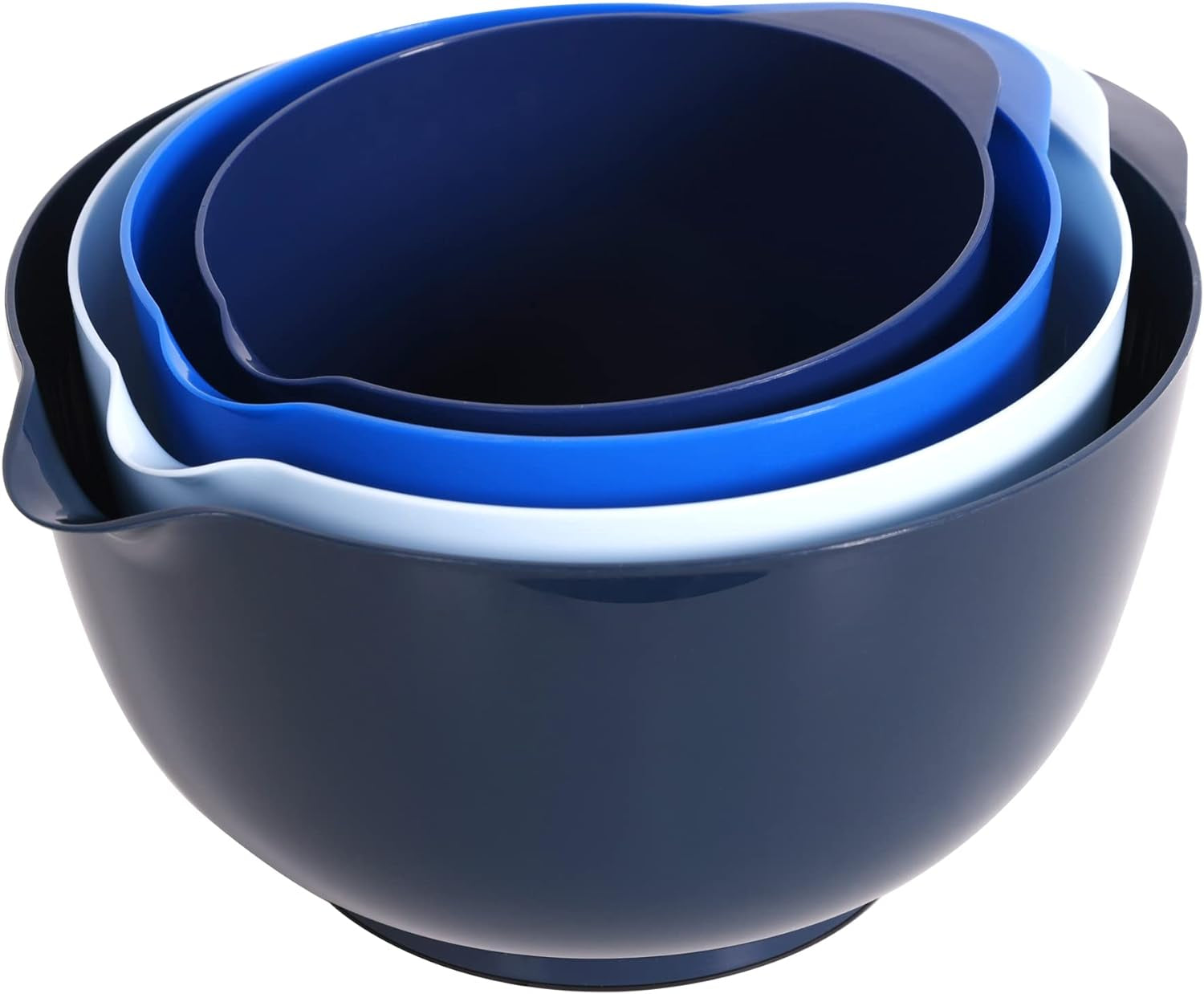Nesting Plastic Mixing Bowl Set with Pour Spout, Microwave and Dishwasher Safe, BPA Free Non-Slip Base, Set of 4 Size 1.7, 2.5, 3.5 and 4.5Qt, Great for Prepping, Baking, Cooking (Dark Blue)