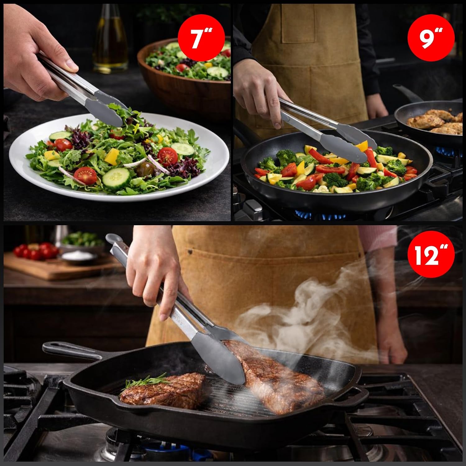 Kitchen Tongs with Silicone Tips Set of 3 Heat Resistant Tongs for Serving Food, 7-Inch, 9-Inch, 12-Inch Locking Silicone Tongs for Cooking, Salad Tong, Grey Kitchen Utensils