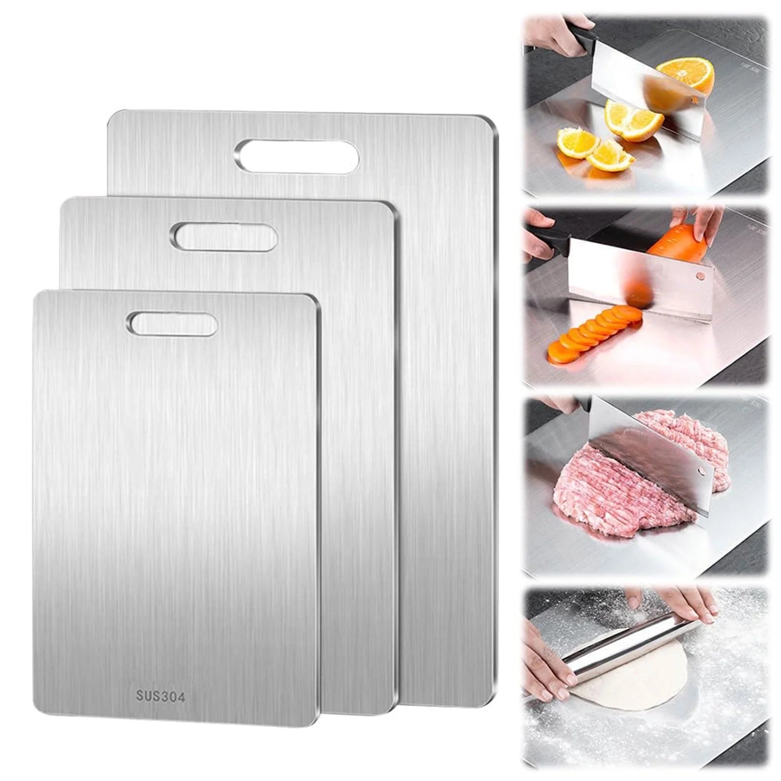 Stainless Steel Cutting Boards for Kitchen,3Pcs SUS304 Cutting Boards for Kitchen,Double-Sided Food Grade Cutting Board,Cutting Meat,Cheese,Vegetable,Fruit