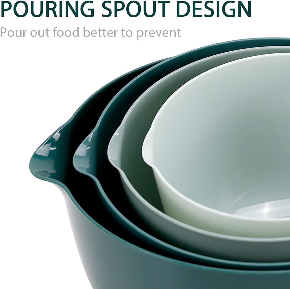 Green Ombre Nesting Plastic Mixing Bowl Set with Pour Spout, Microwave and Dishwasher Safe, BPA Free Non-Slip Base, Set of 4 Size 1.7, 2.5, 3.5 and 4.5Qt, Great for Prepping, Baking, Cooking