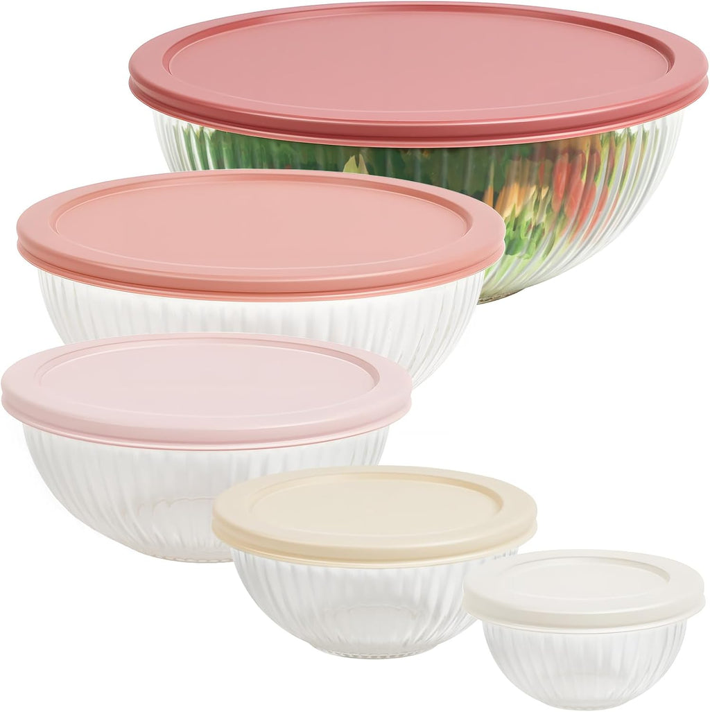 Glass Mixing Bowls with Lids 5 PCS Set | Glass Bowls for Kitchen Service, Baking, Meal Prepping and Salad | BPA Free, Microwave, Dishwasher and Oven Safe
