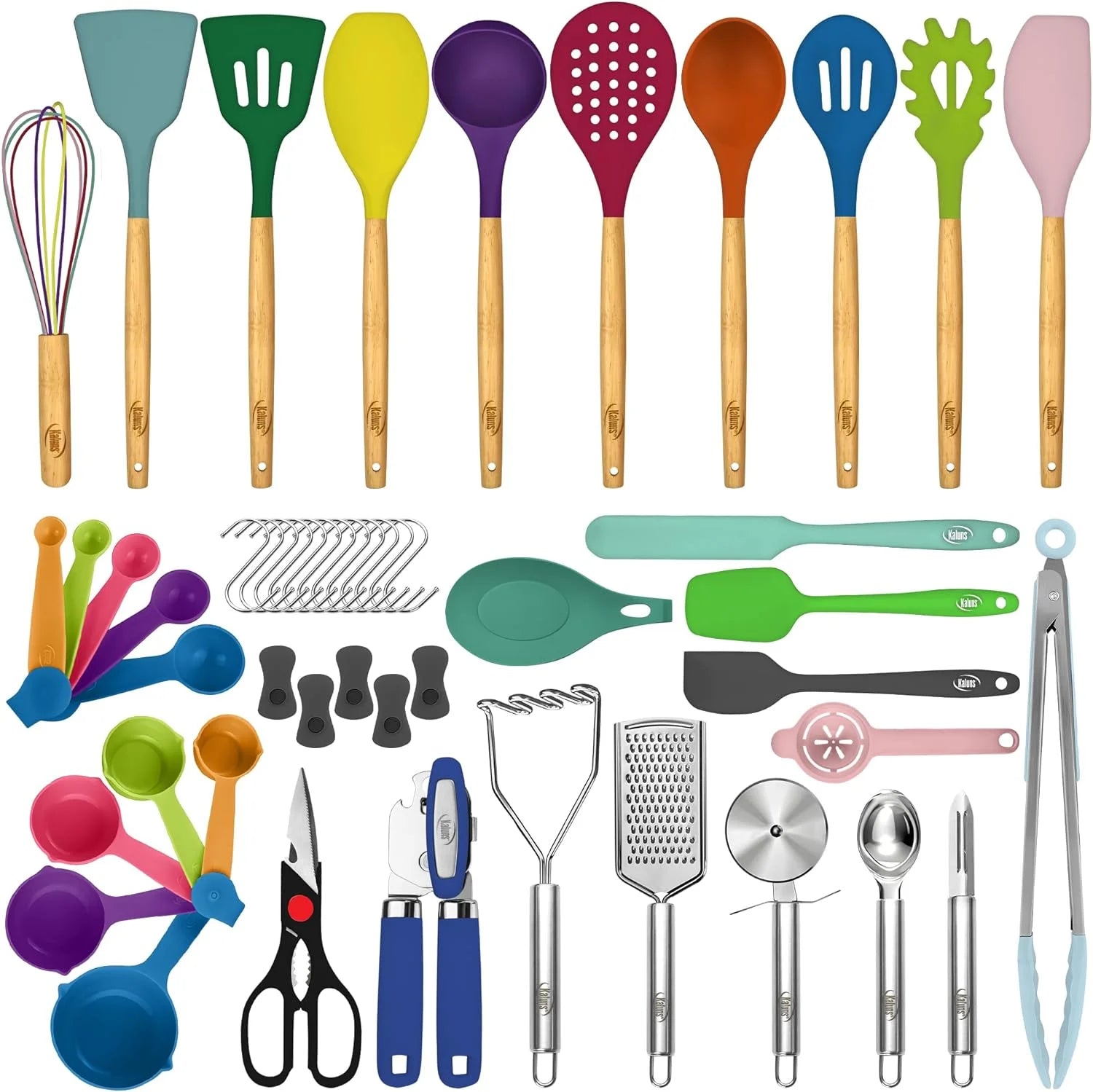 50 Piece Set of Silicone and Stainless Steel Cooking Utensils | Dishwasher Safe and Heat Resistant Kitchen Tools | Colorful Set, College Bundle