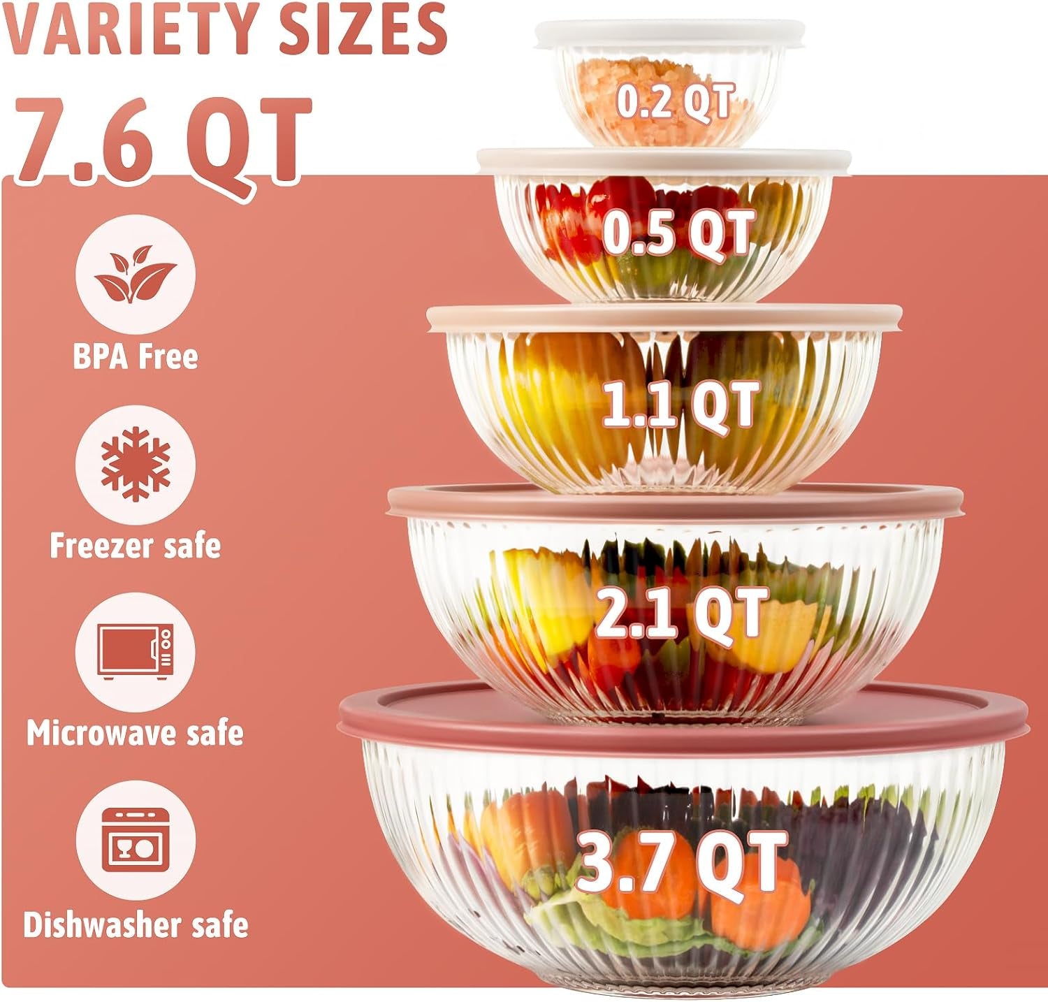 Glass Mixing Bowls with Lids 5 PCS Set | Glass Bowls for Kitchen Service, Baking, Meal Prepping and Salad | BPA Free, Microwave, Dishwasher and Oven Safe
