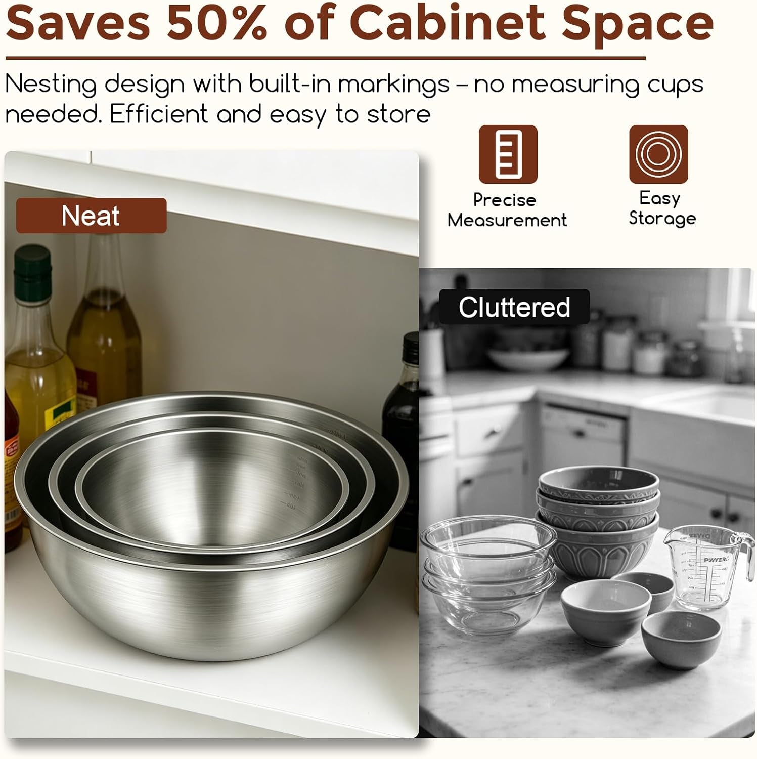 Stainless Steel Mixing Bowls Set - 3-Piece (1.5, 2.2 & 3.4 Qt) | Food-Grade Metal | Dishwasher Safe | Stackable Nesting & Space-Saving