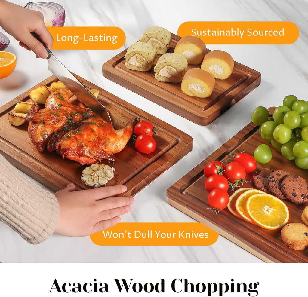 Acacia Wood Cutting Board Set of 3, Solid Wood Cutting Board with Holder, Deep Juice Grooves & Built-In Handles, Durable Wooden Chopping Board Set for Meat, Vegetables, Cheese, Kitchen Prep