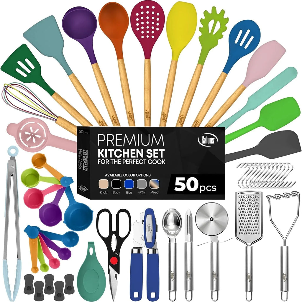 50 Piece Set of Silicone and Stainless Steel Cooking Utensils | Dishwasher Safe and Heat Resistant Kitchen Tools | Colorful Set, College Bundle